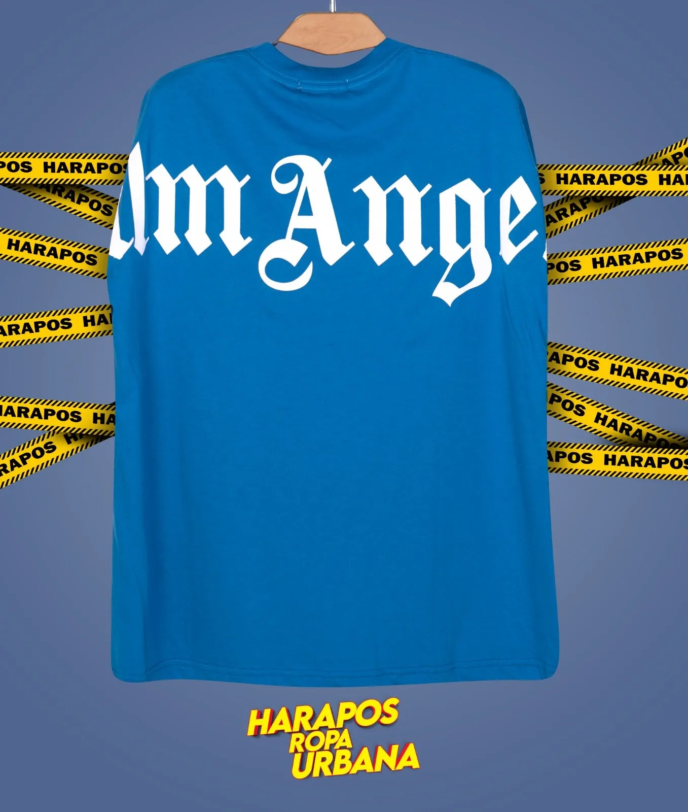 Polera oversize palm angels azul letras en el cuello blanca