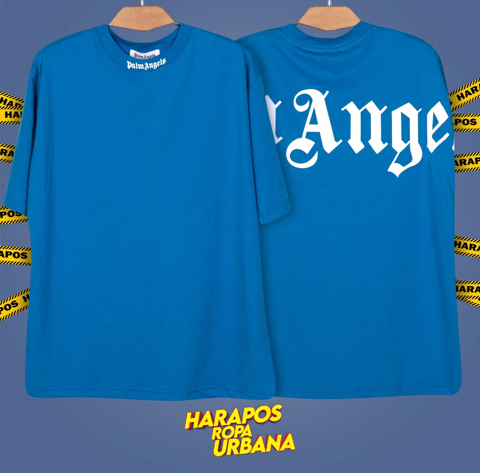 Polera oversize palm angels azul letras en el cuello blanca