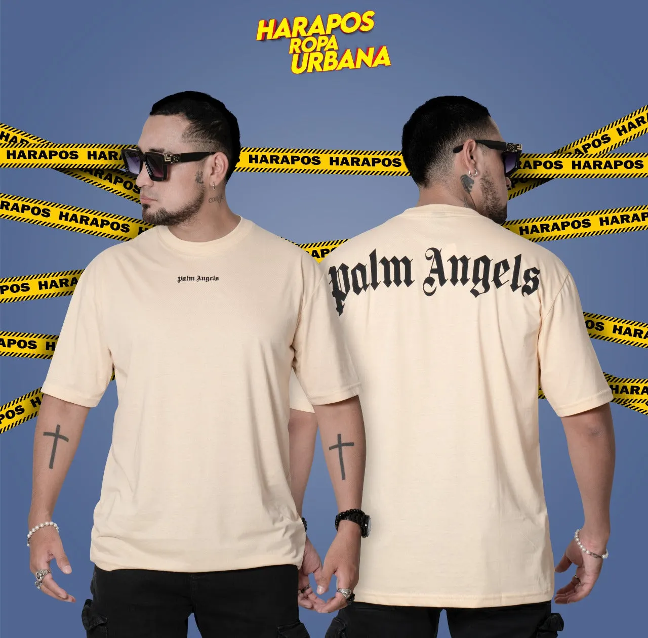 Polera ovsersize palm angels crema letras negras