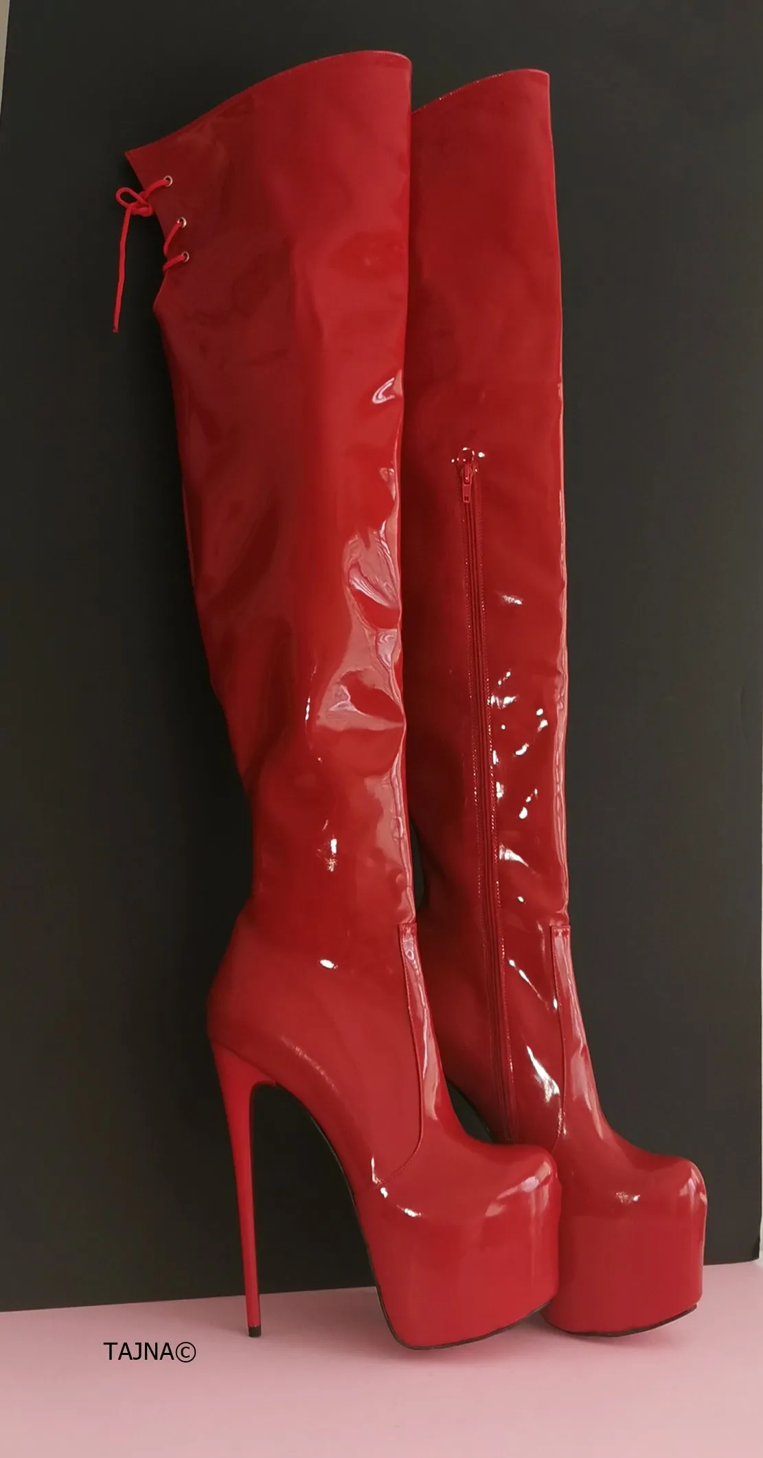 Red Patent Knee High Long Platform Boots