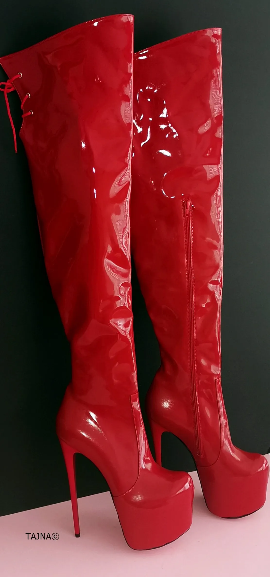 Red Patent Knee High Long Platform Boots