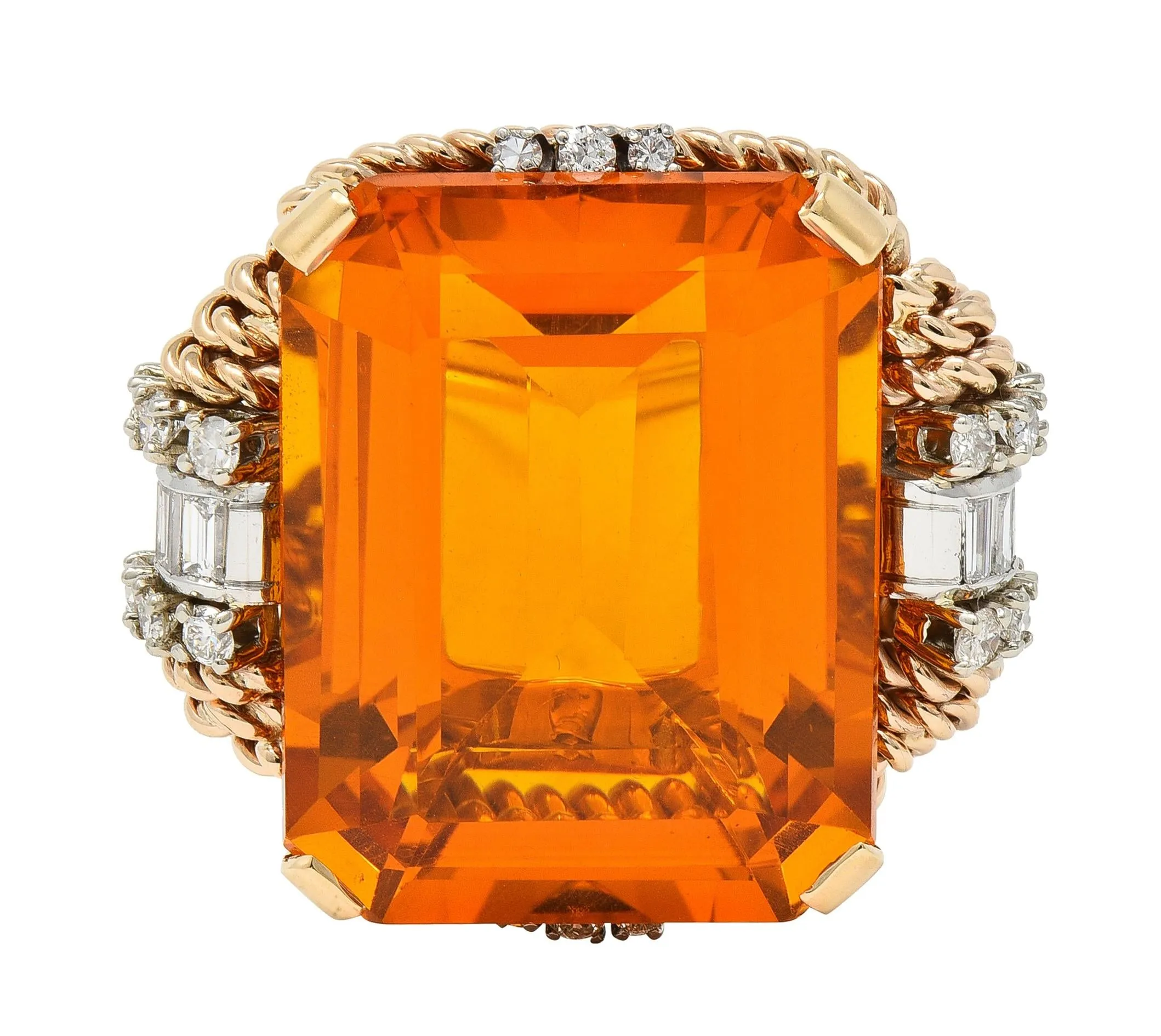 Retro 42.98 CTW Citrine Diamond 14 Karat Two-Tone Gold Rope Vintage Cocktail Ring