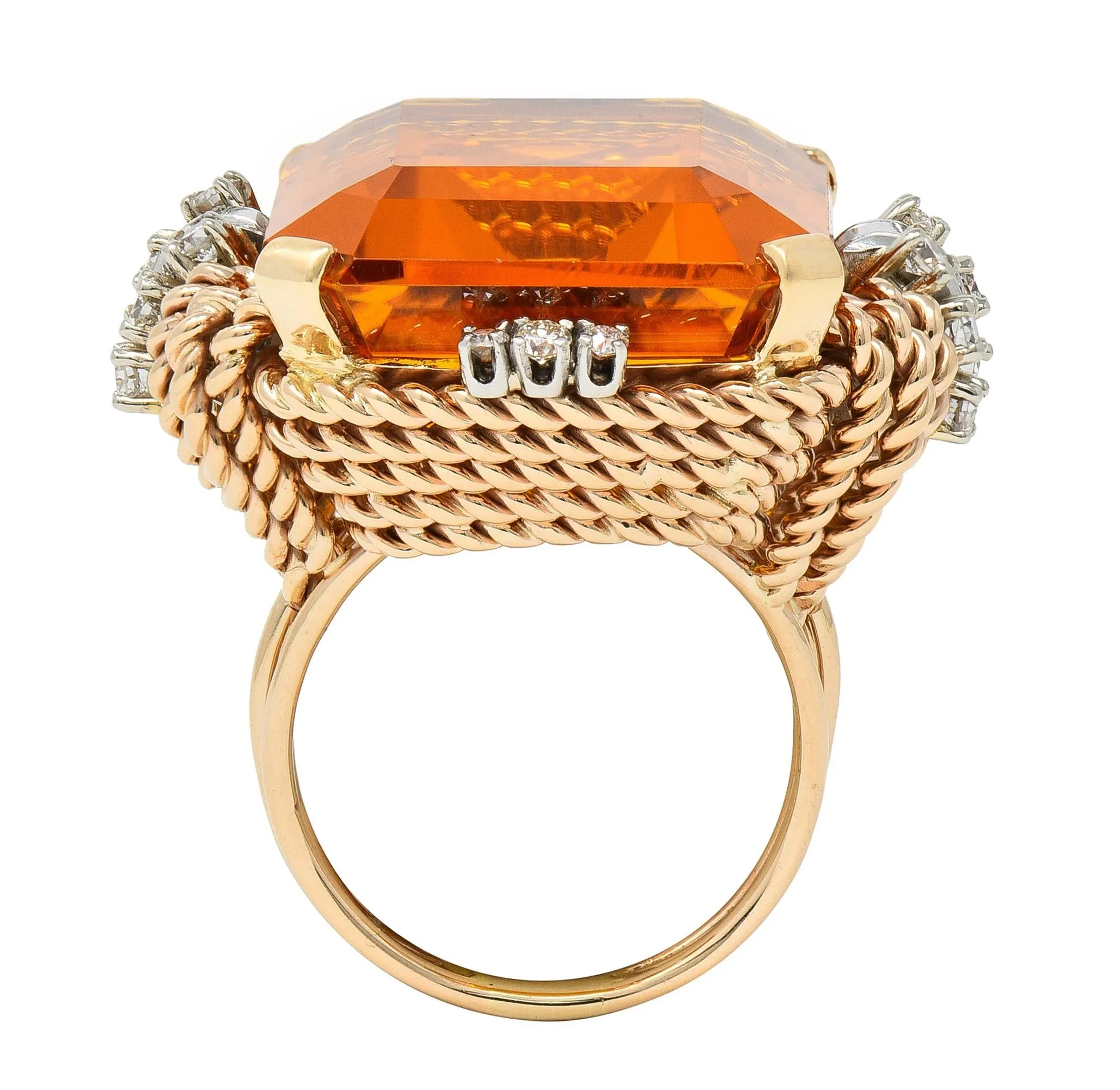 Retro 42.98 CTW Citrine Diamond 14 Karat Two-Tone Gold Rope Vintage Cocktail Ring