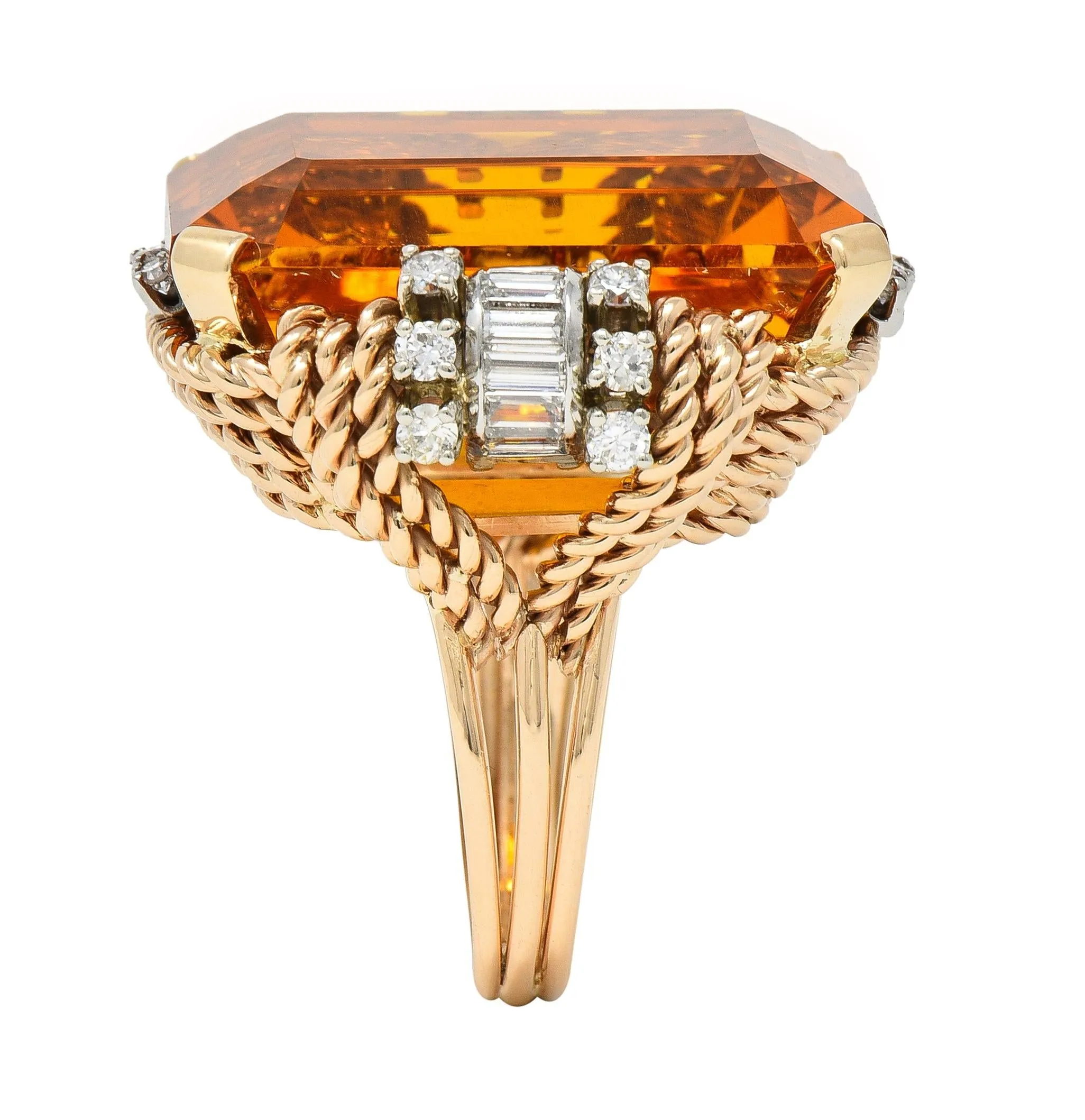 Retro 42.98 CTW Citrine Diamond 14 Karat Two-Tone Gold Rope Vintage Cocktail Ring