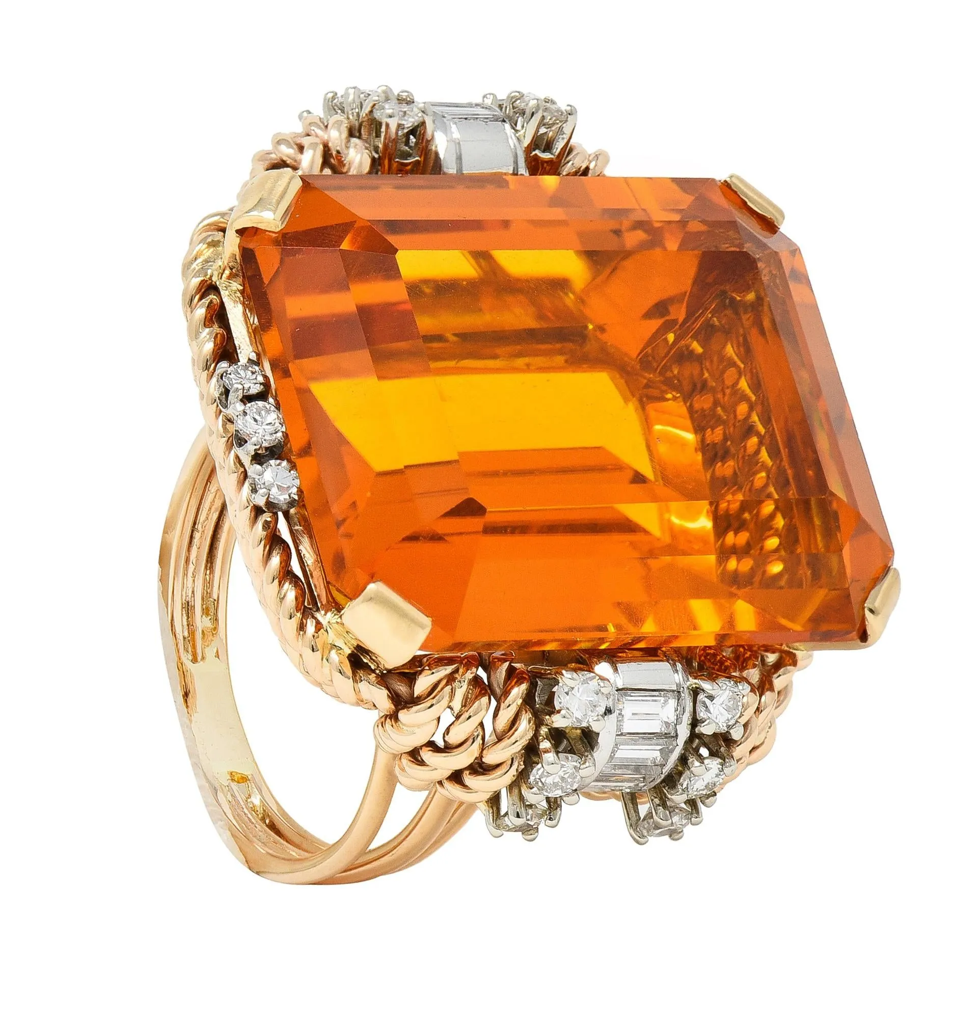 Retro 42.98 CTW Citrine Diamond 14 Karat Two-Tone Gold Rope Vintage Cocktail Ring