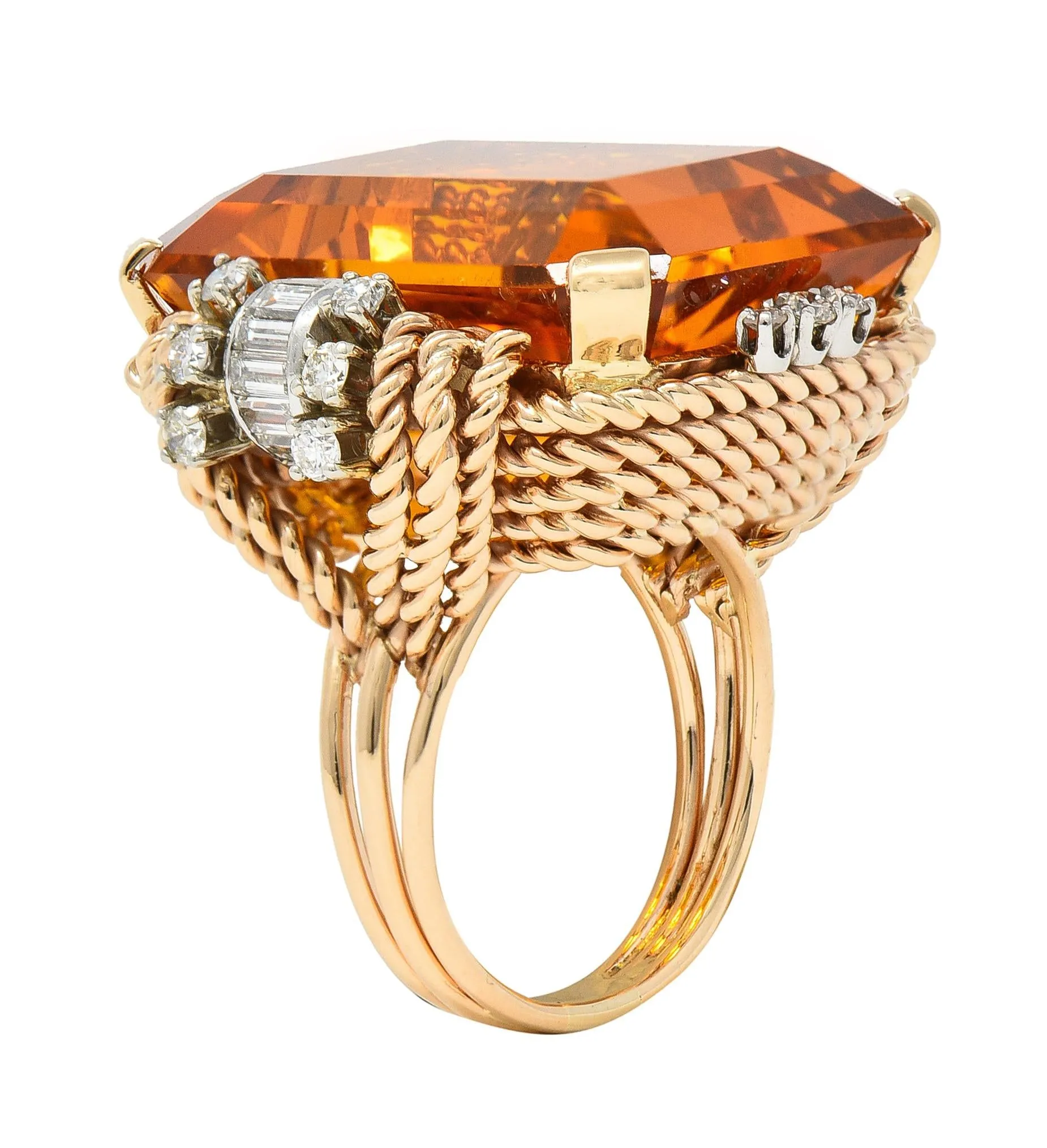 Retro 42.98 CTW Citrine Diamond 14 Karat Two-Tone Gold Rope Vintage Cocktail Ring