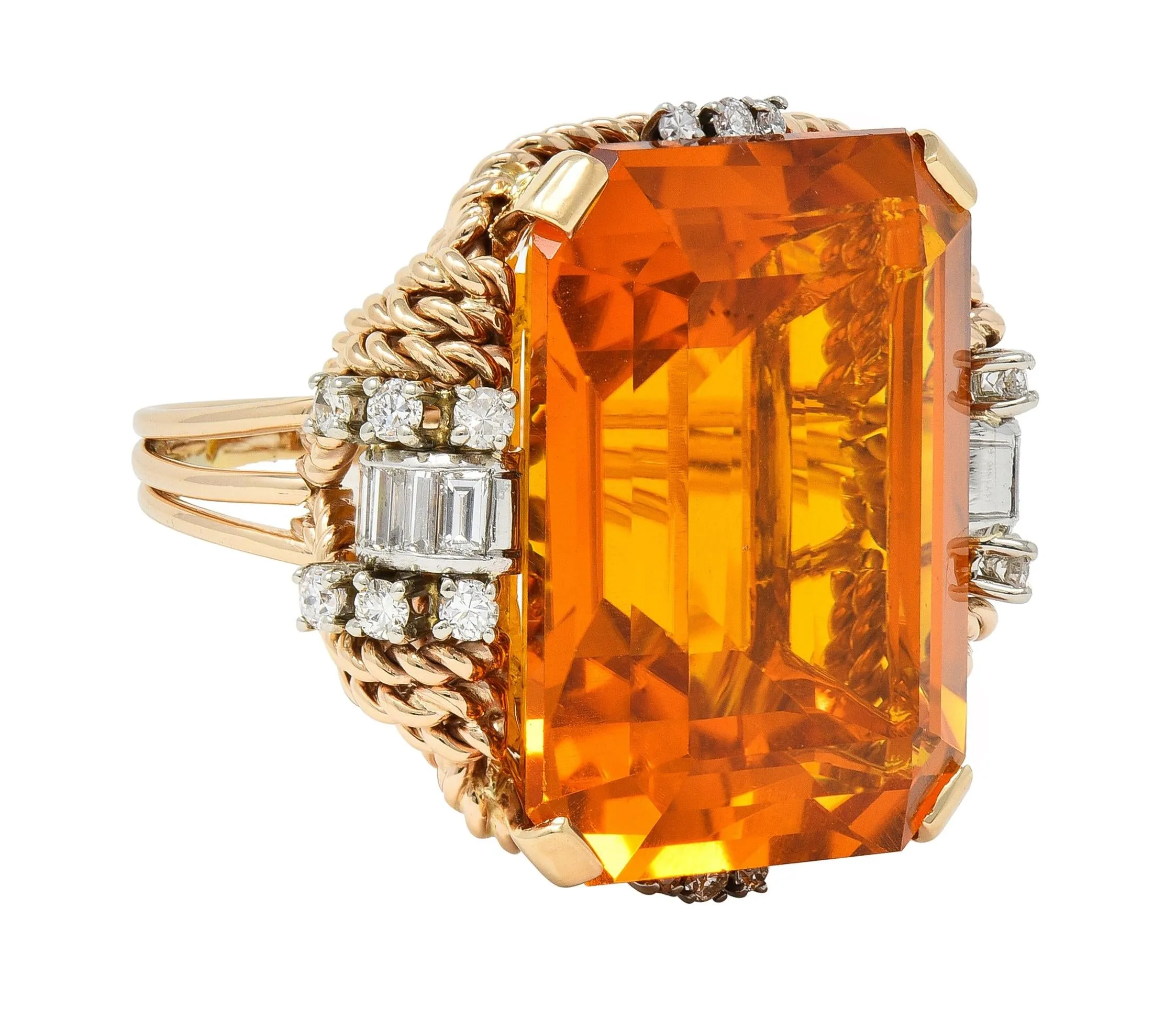 Retro 42.98 CTW Citrine Diamond 14 Karat Two-Tone Gold Rope Vintage Cocktail Ring