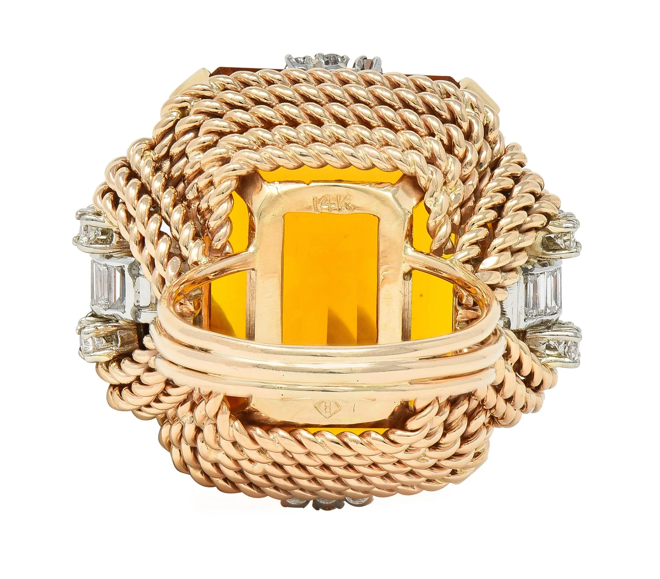 Retro 42.98 CTW Citrine Diamond 14 Karat Two-Tone Gold Rope Vintage Cocktail Ring