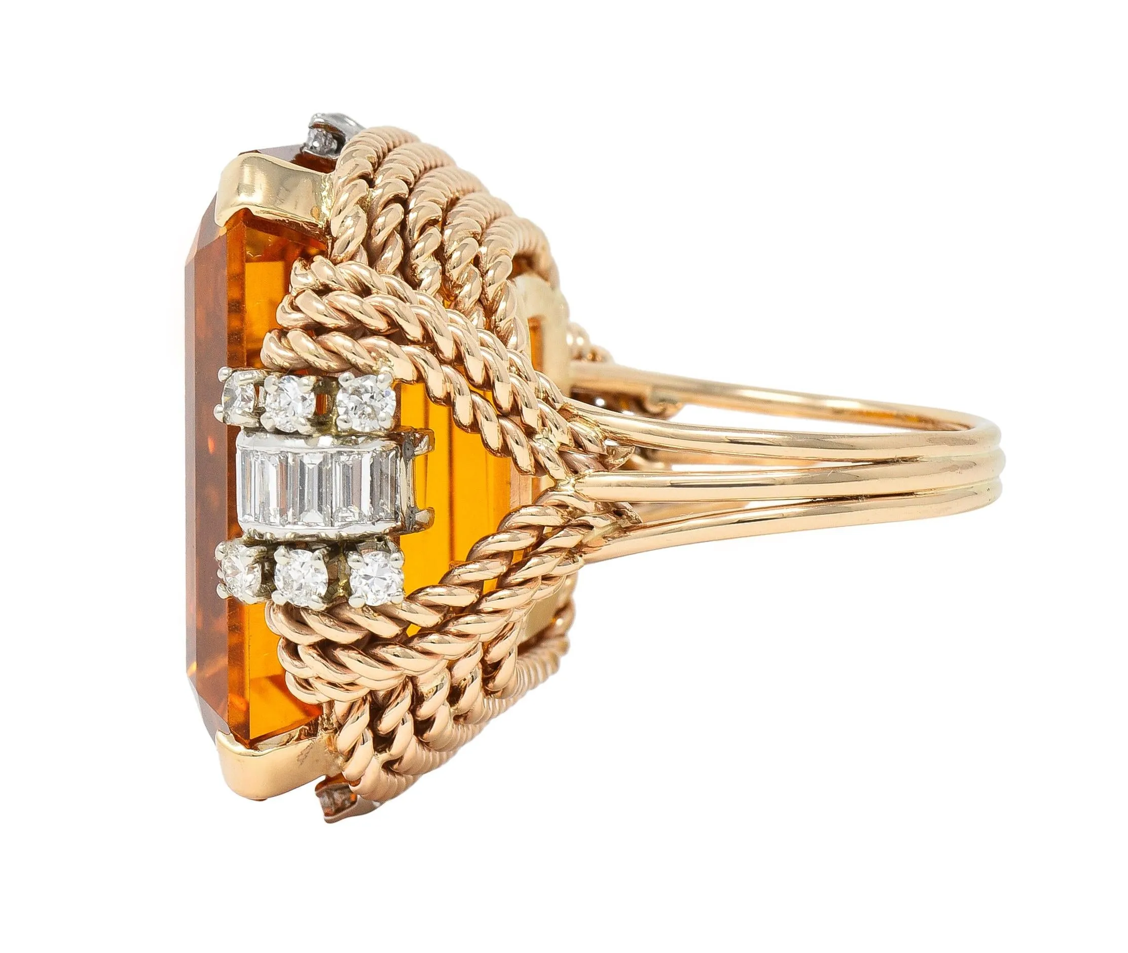 Retro 42.98 CTW Citrine Diamond 14 Karat Two-Tone Gold Rope Vintage Cocktail Ring