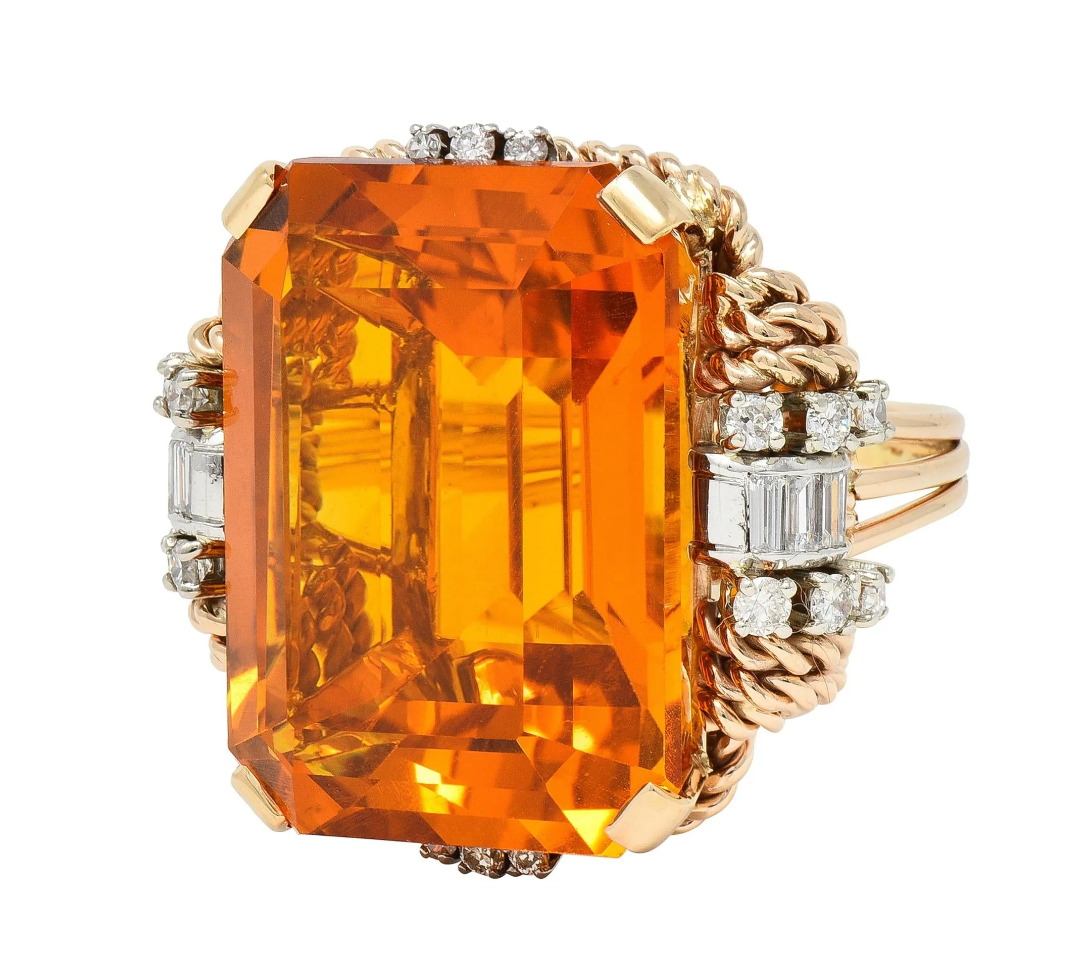 Retro 42.98 CTW Citrine Diamond 14 Karat Two-Tone Gold Rope Vintage Cocktail Ring