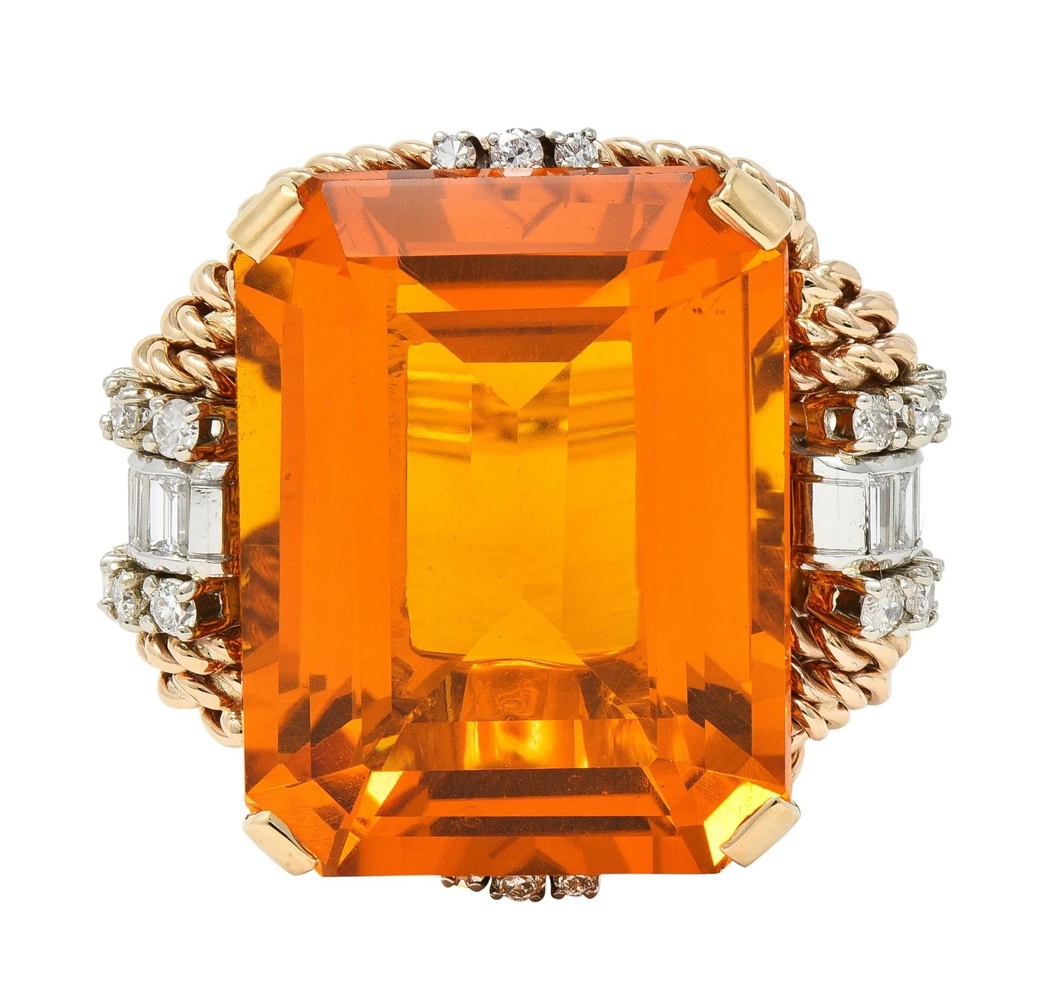 Retro 42.98 CTW Citrine Diamond 14 Karat Two-Tone Gold Rope Vintage Cocktail Ring