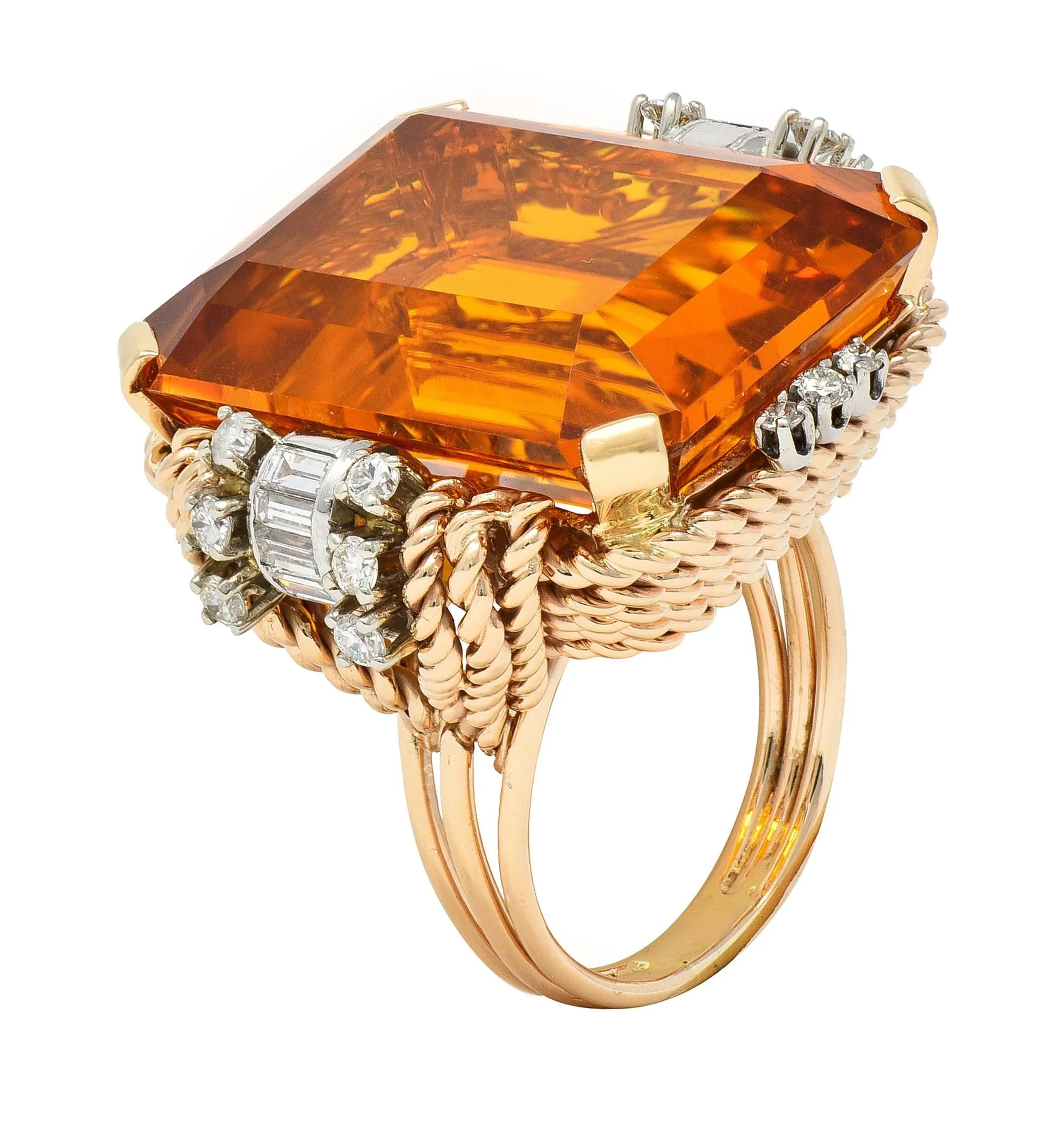 Retro 42.98 CTW Citrine Diamond 14 Karat Two-Tone Gold Rope Vintage Cocktail Ring