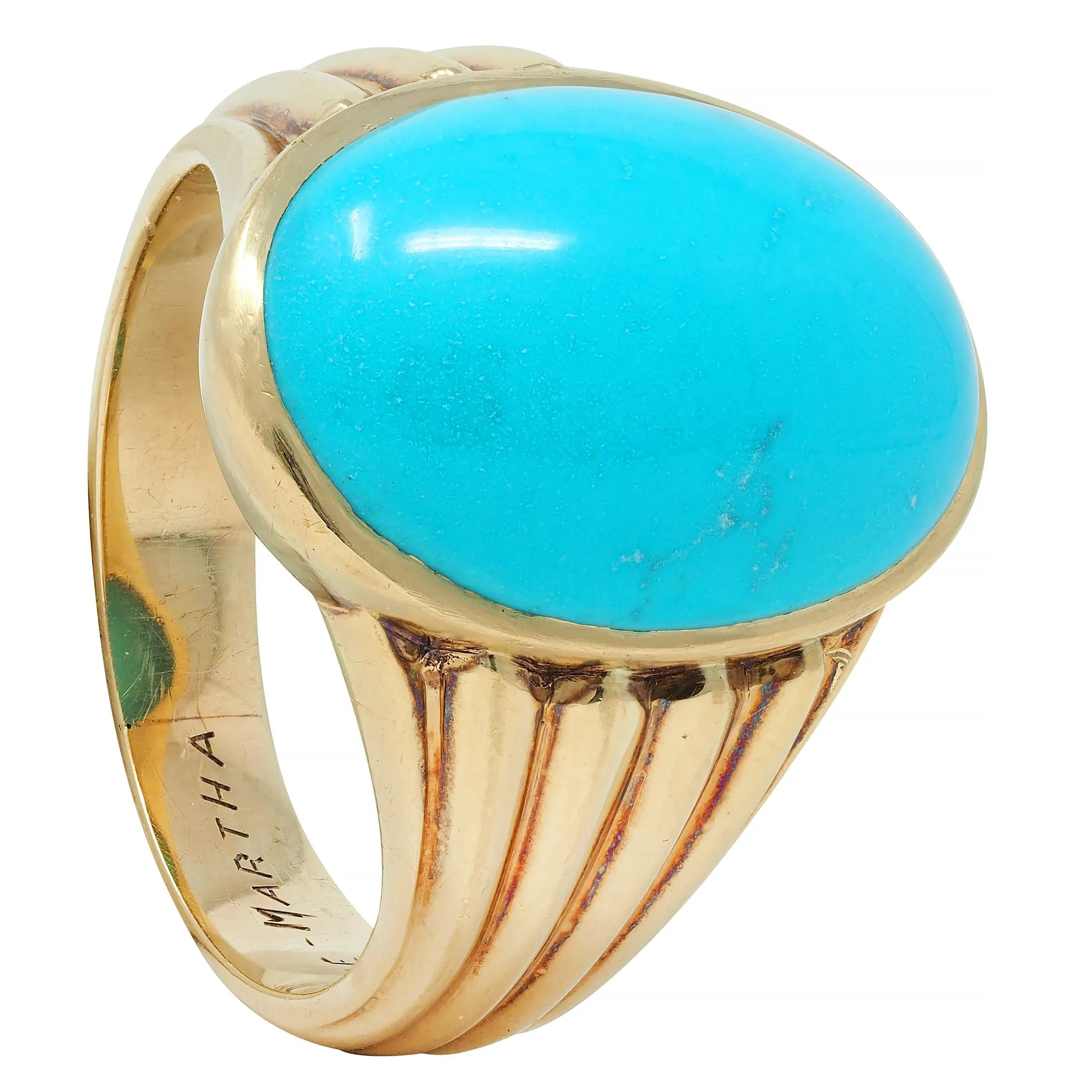 Retro Jones & Woodland Turquoise 14 Karat Yellow Gold Fanning Vintage Men's Signet Ring