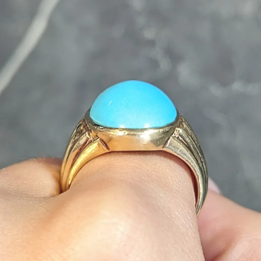 Retro Jones & Woodland Turquoise 14 Karat Yellow Gold Fanning Vintage Men's Signet Ring