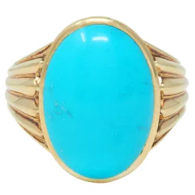 Retro Jones & Woodland Turquoise 14 Karat Yellow Gold Fanning Vintage Men's Signet Ring