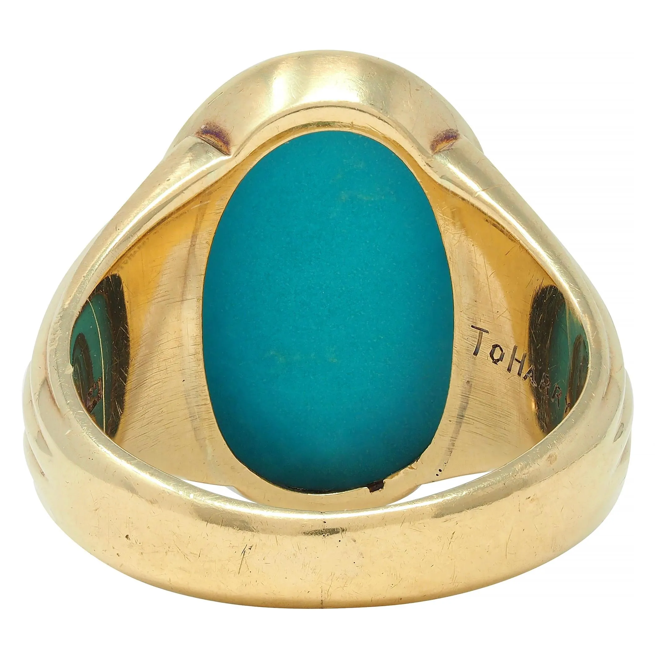 Retro Jones & Woodland Turquoise 14 Karat Yellow Gold Fanning Vintage Men's Signet Ring