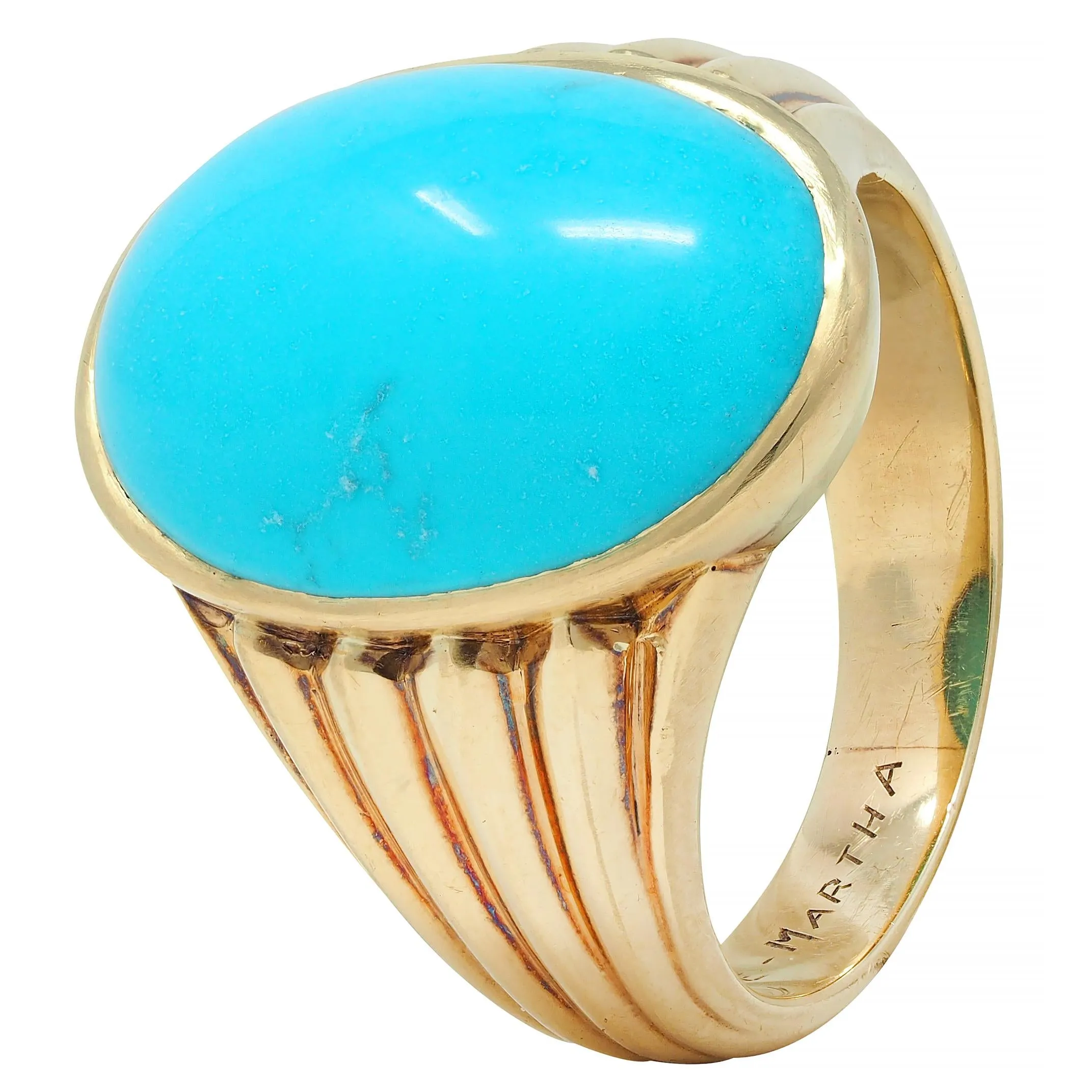 Retro Jones & Woodland Turquoise 14 Karat Yellow Gold Fanning Vintage Men's Signet Ring