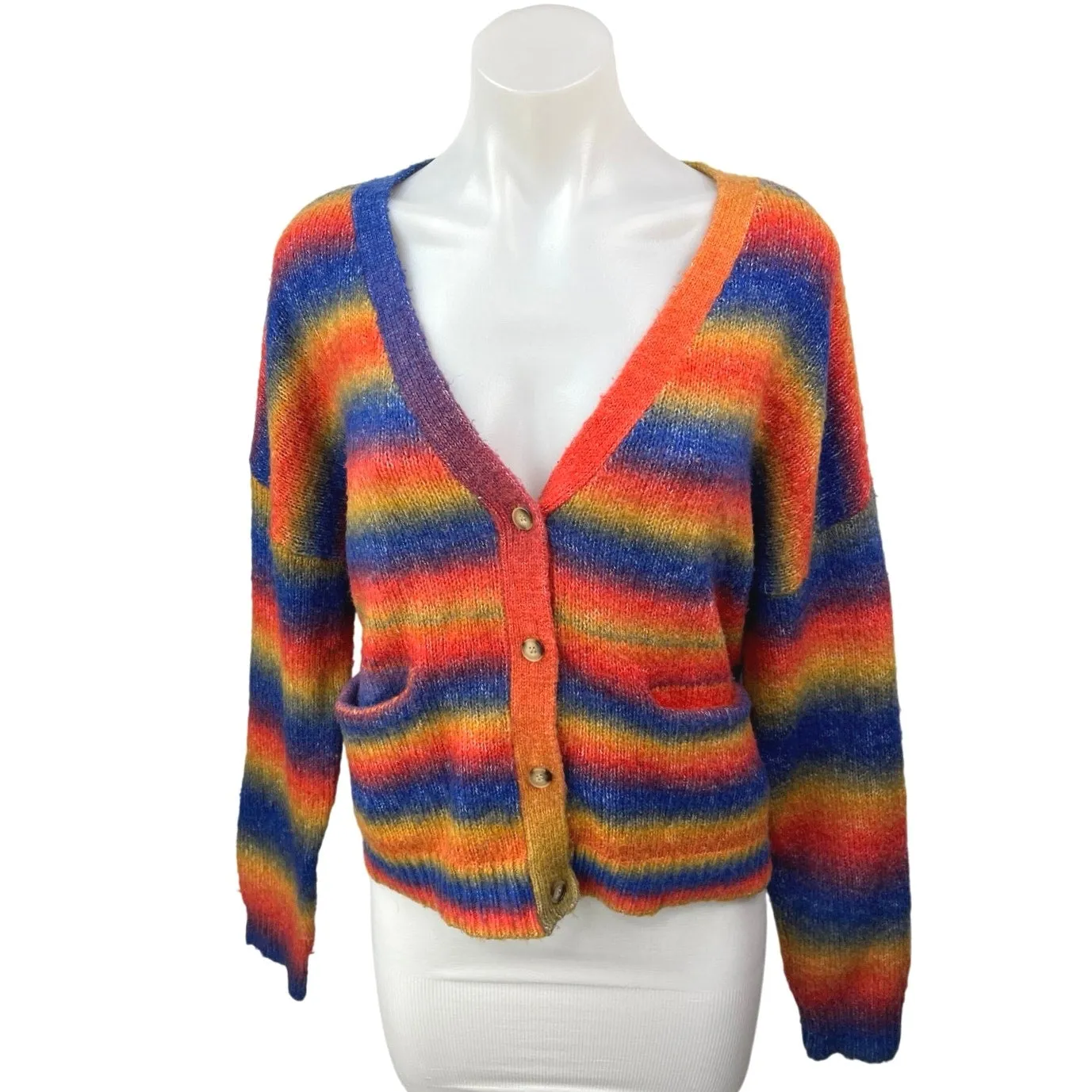 Saylor Lisabette Multicolor Rainbow Striped Wool Knit V-neck Cardigan Sweater M