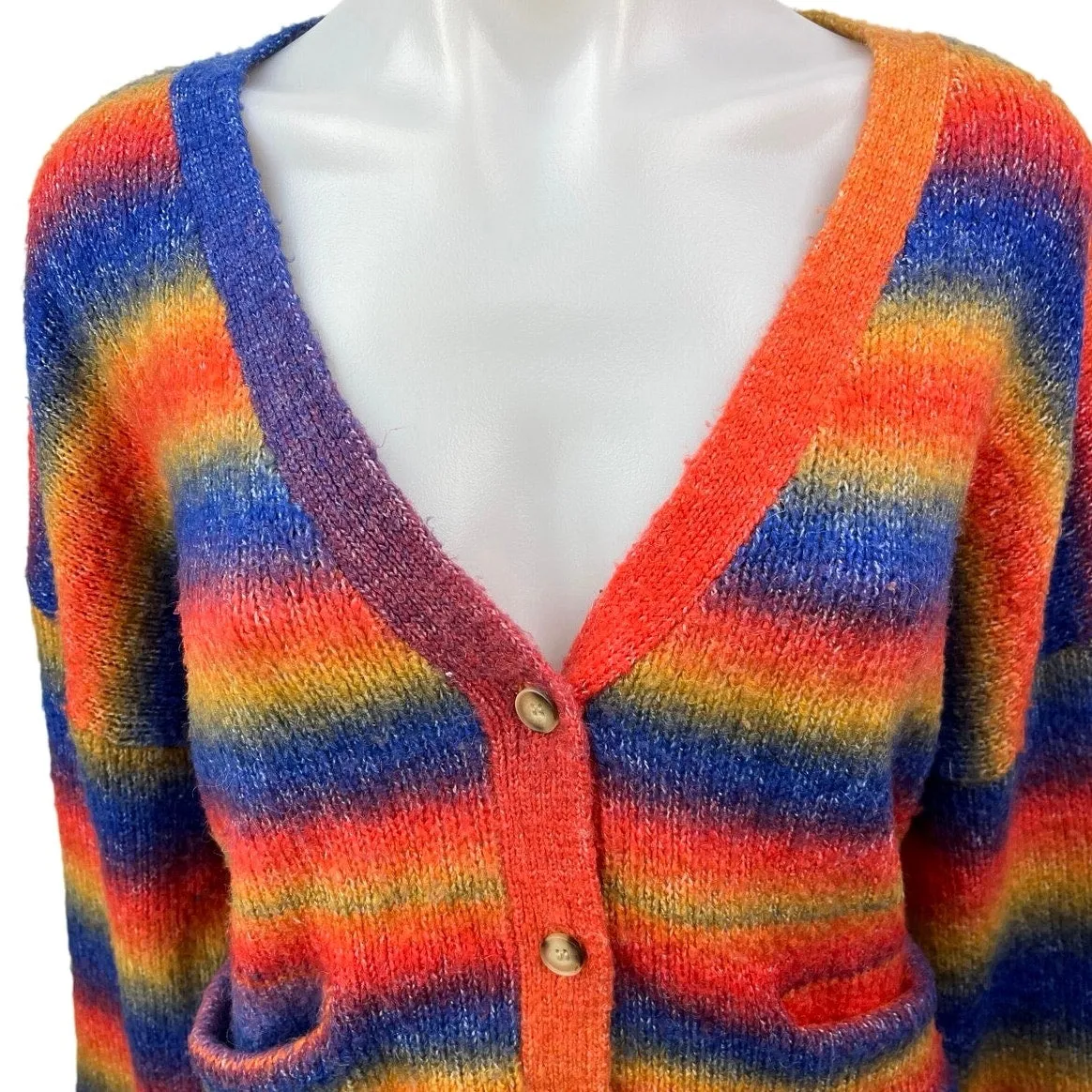 Saylor Lisabette Multicolor Rainbow Striped Wool Knit V-neck Cardigan Sweater M