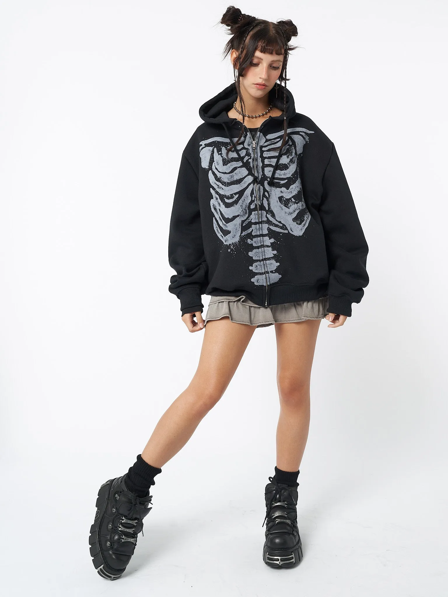 Skeleton Black Oversized Zip Up Hoodie