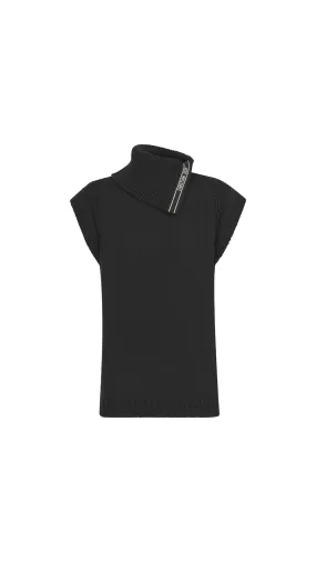 Sleeveless Sweater With Stand Collar - Black