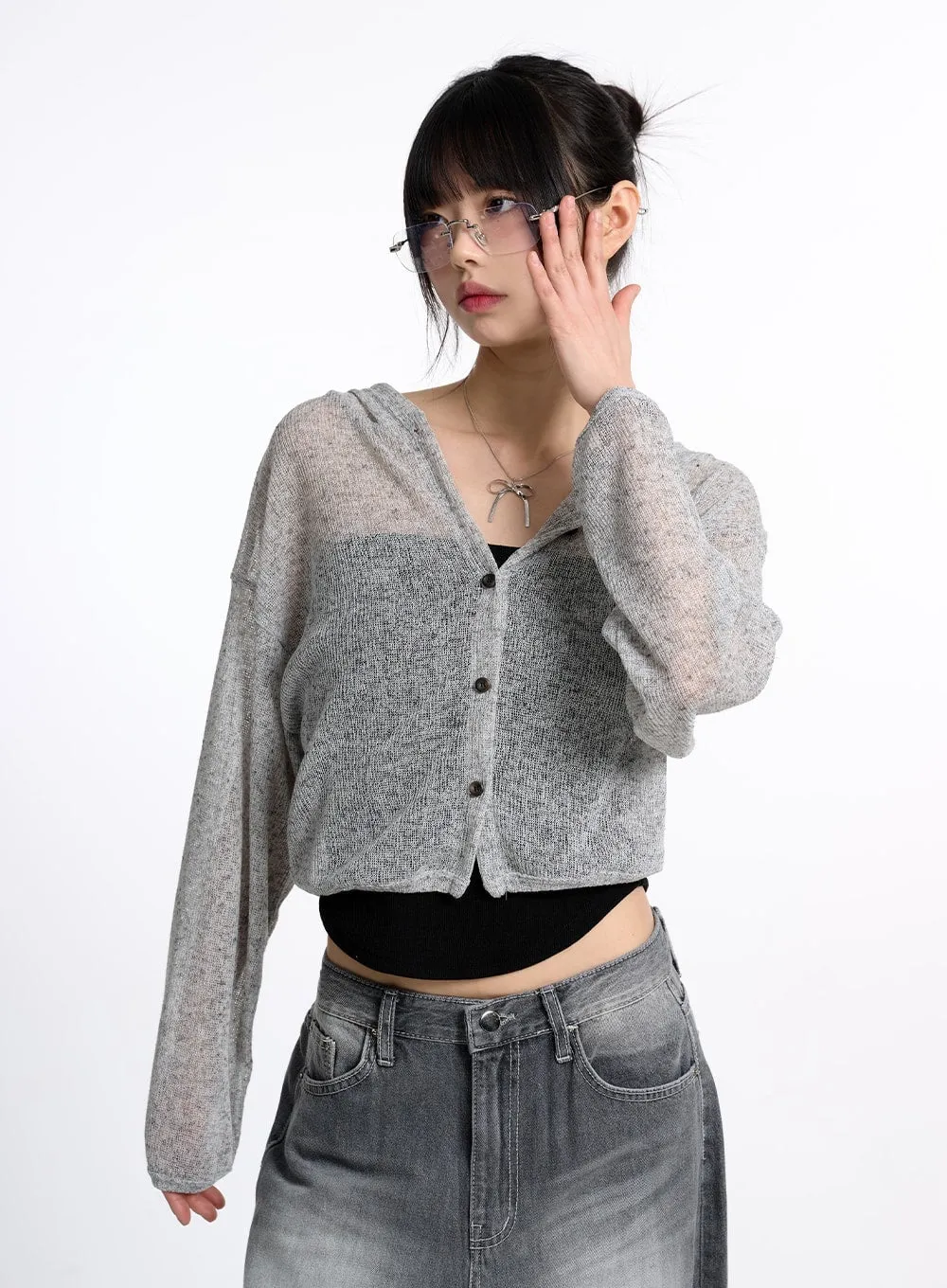 Solid Hollow Out Hoodie Cardigan CM415