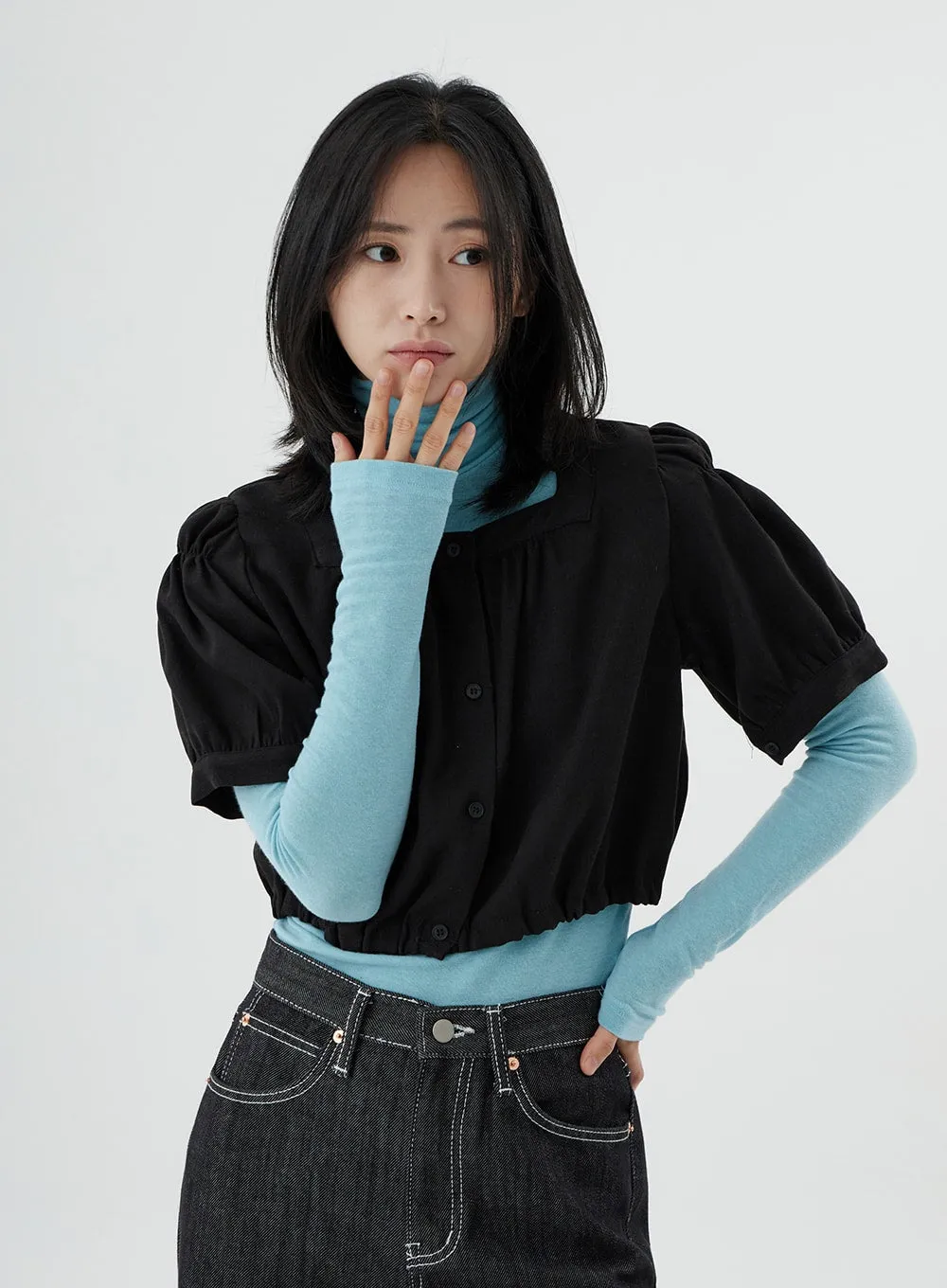 Square Neck Short Puffy Sleeve Crop Blouse ON01