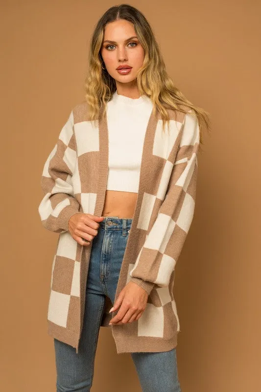 Taupe-White Checker Graphic Sweater Cardigan