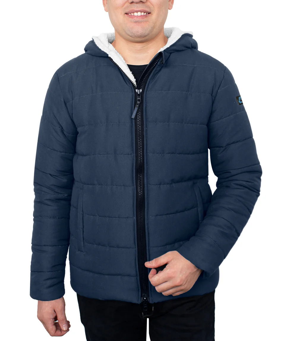 Wilfred Blue Puffer Men Sherpa Jacket with Hood