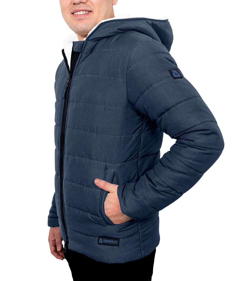 Wilfred Blue Puffer Men Sherpa Jacket with Hood