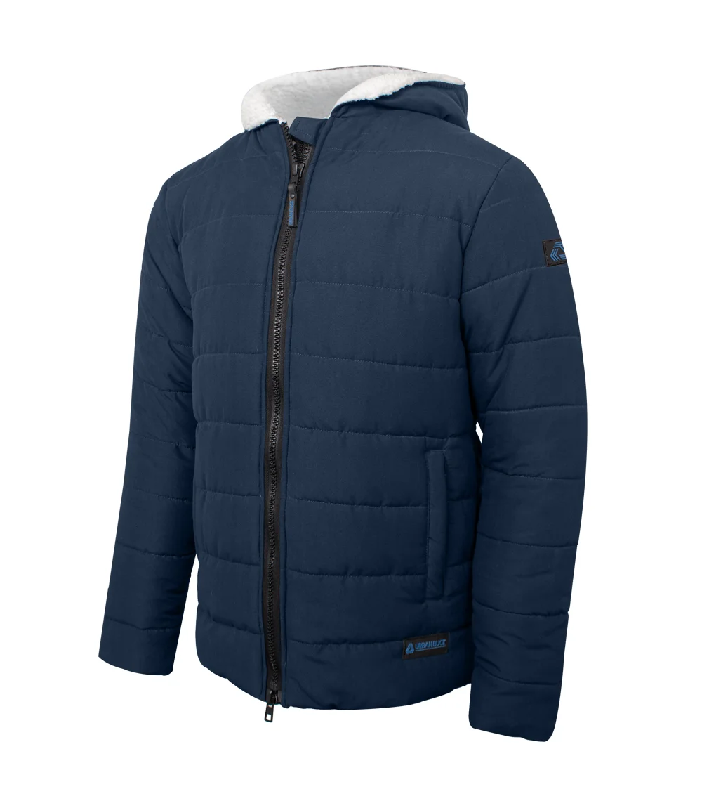 Wilfred Blue Puffer Men Sherpa Jacket with Hood