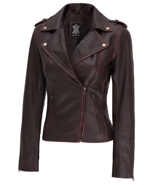 Women's Brown Asymmetrical Leather Motorcycle Jacket