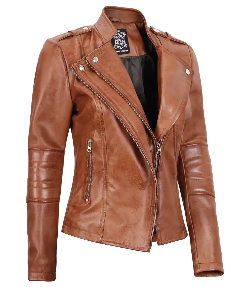 Women's Tan Leather Motorcycle Jacket