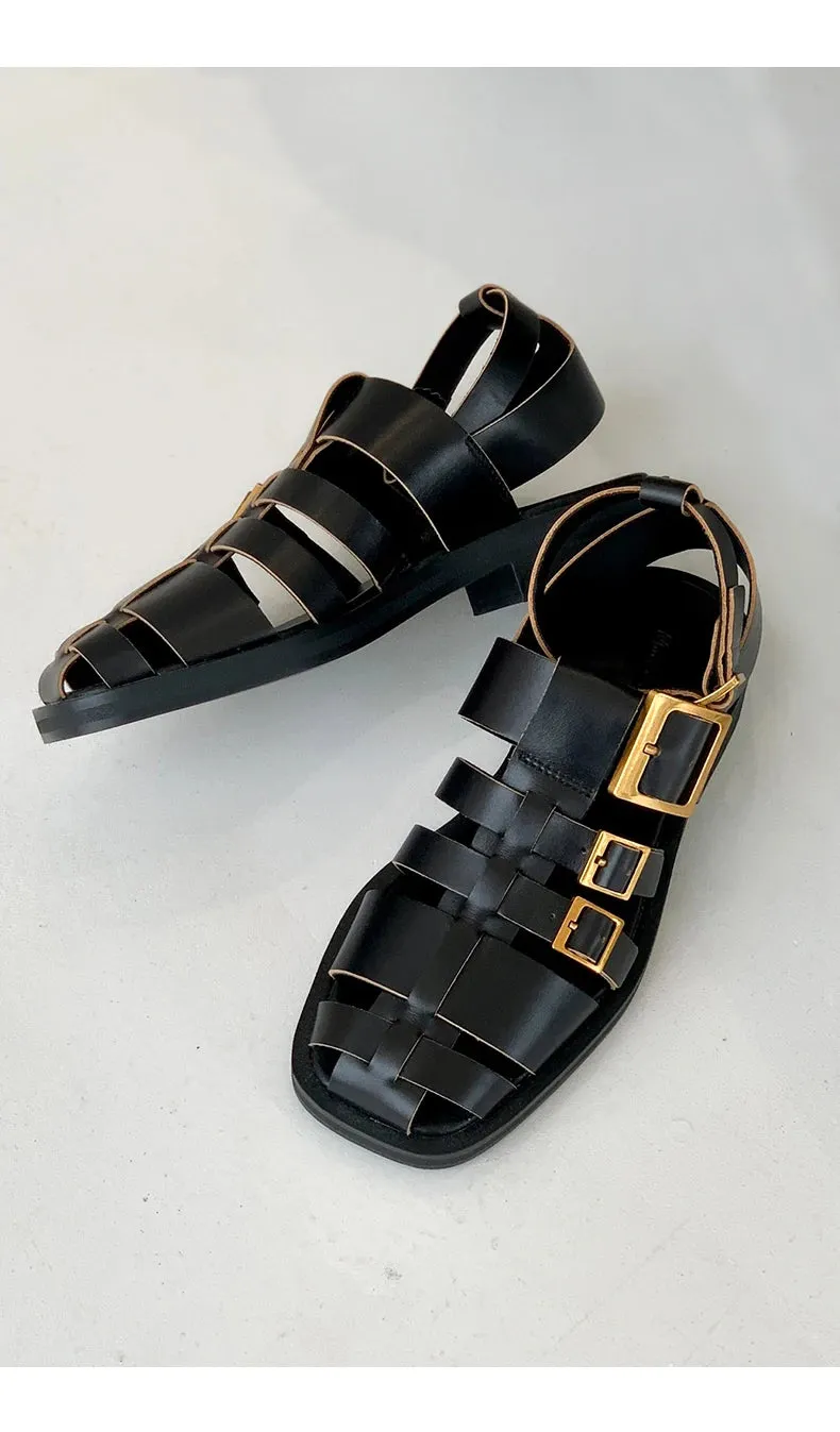 Women's Black Vintage Roman Genuine Leather Ankle Strap Sandals