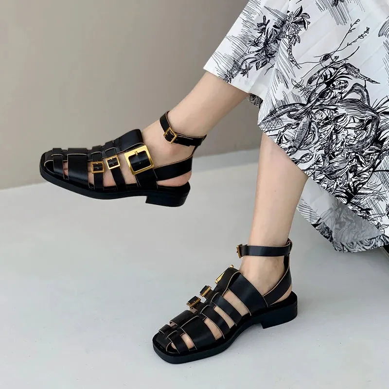 Women's Black Vintage Roman Genuine Leather Ankle Strap Sandals