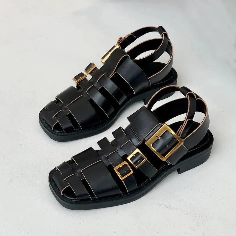 Women's Black Vintage Roman Genuine Leather Ankle Strap Sandals