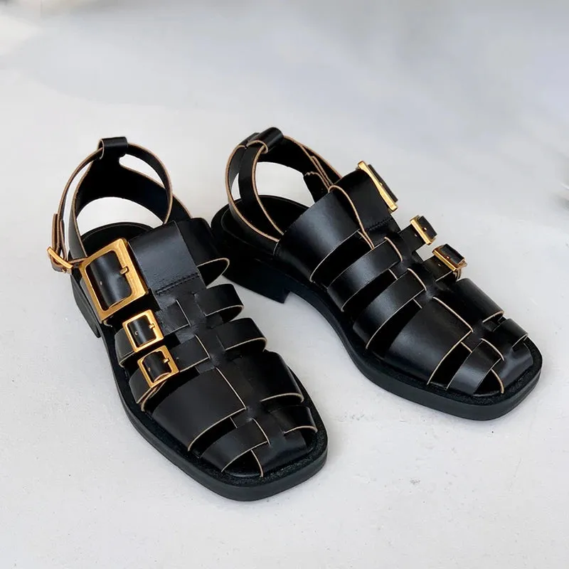 Women's Black Vintage Roman Genuine Leather Ankle Strap Sandals