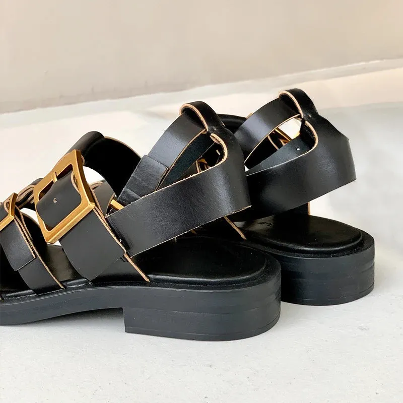 Women's Black Vintage Roman Genuine Leather Ankle Strap Sandals