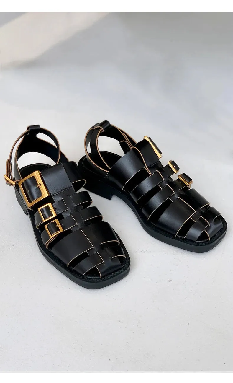 Women's Black Vintage Roman Genuine Leather Ankle Strap Sandals